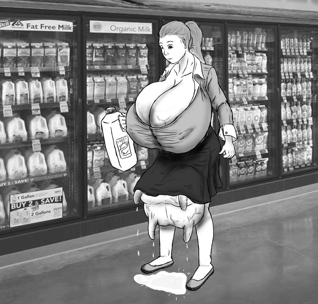 Helia standing in the milk aisle next to the refrigerator cases holding a milk bottle, breasts swollen out of her top, brand-new udder dripping milk on the floor