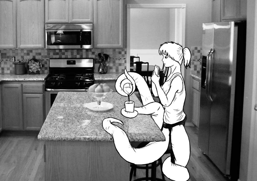 Seated on a kitchen stool at the kitchen island, tentacle wrapped around stool leg for stability. Hands holding handheld as another tentacle pours a beverage and yet another holds her mug. 4th. tentacle rests on the countertop.