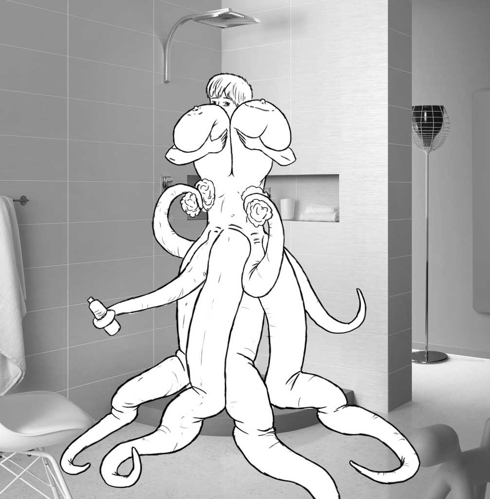 Showering. Hands holding up huge boobs, 4 largest tentacles acting as legs for stability, 2 newer ones washing her abdomen with rolled-up wash cloths, another holding a soap or shampoo bottle, the remaining one free.