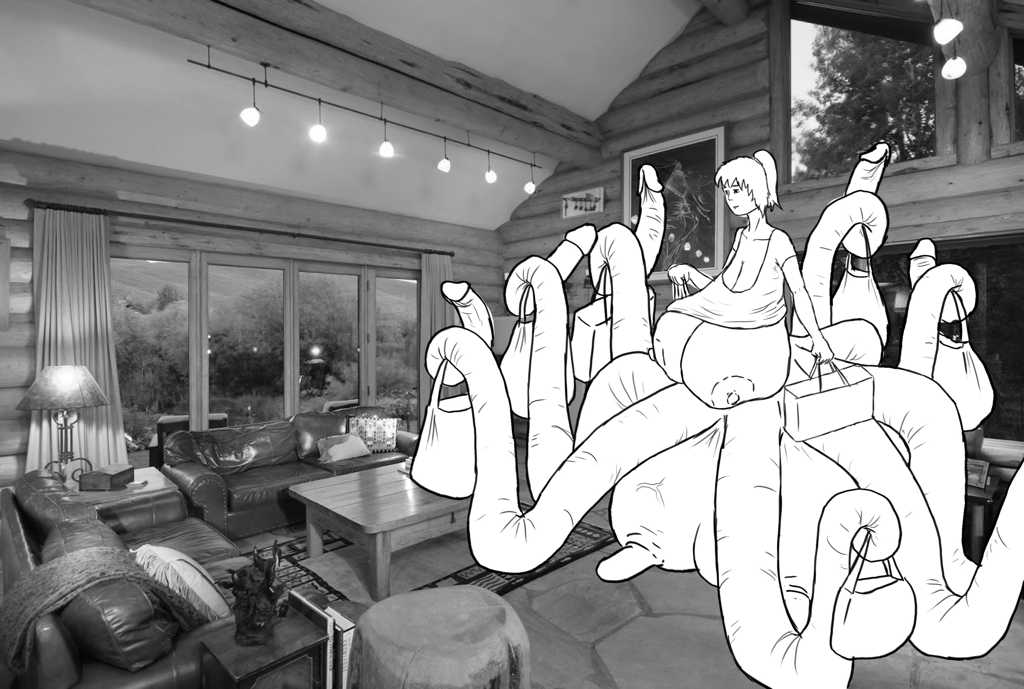 Inside her new home’s main room, every tentacle and both arms holding bags