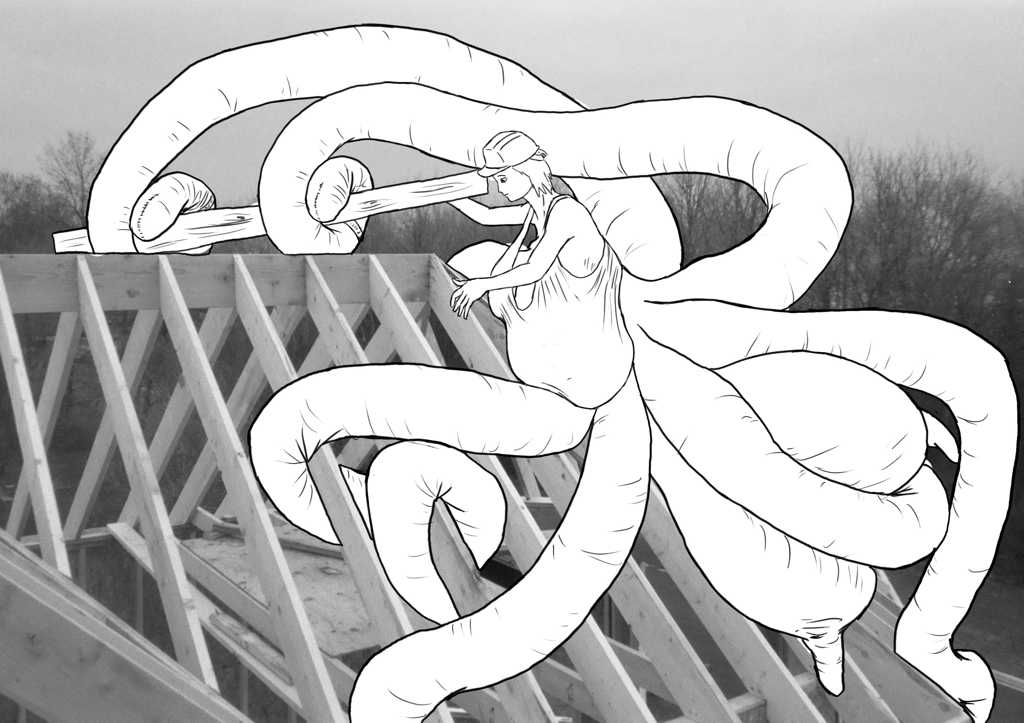 Framing the roof, making excellent use of her tentacles