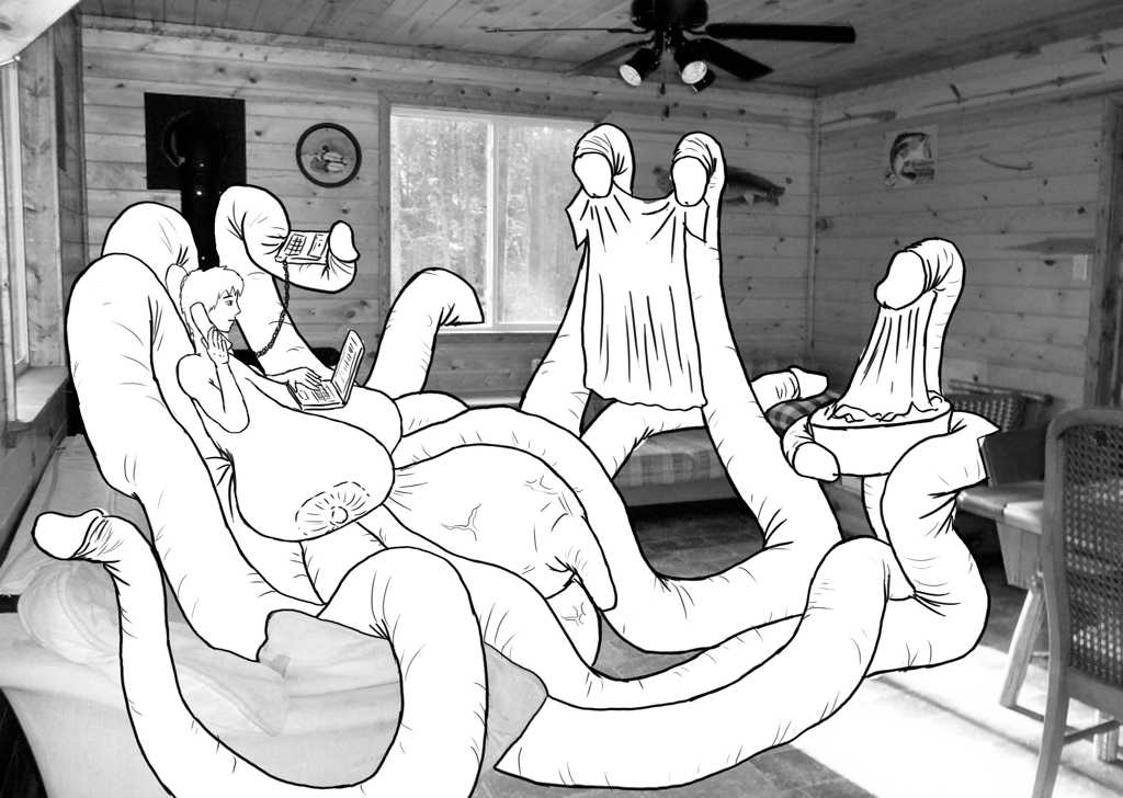 Seated on couch, 2 tentacles as a back rest. 4 other tentacles doing laundry, 1 holding the old phone’s base, the last one resting on a nearby single bed.