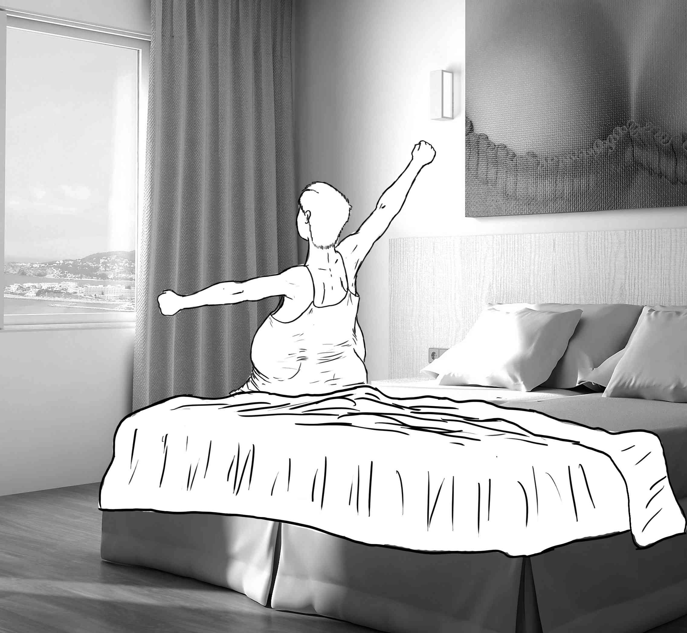 Arms-up stretching, seated at the side of the bed