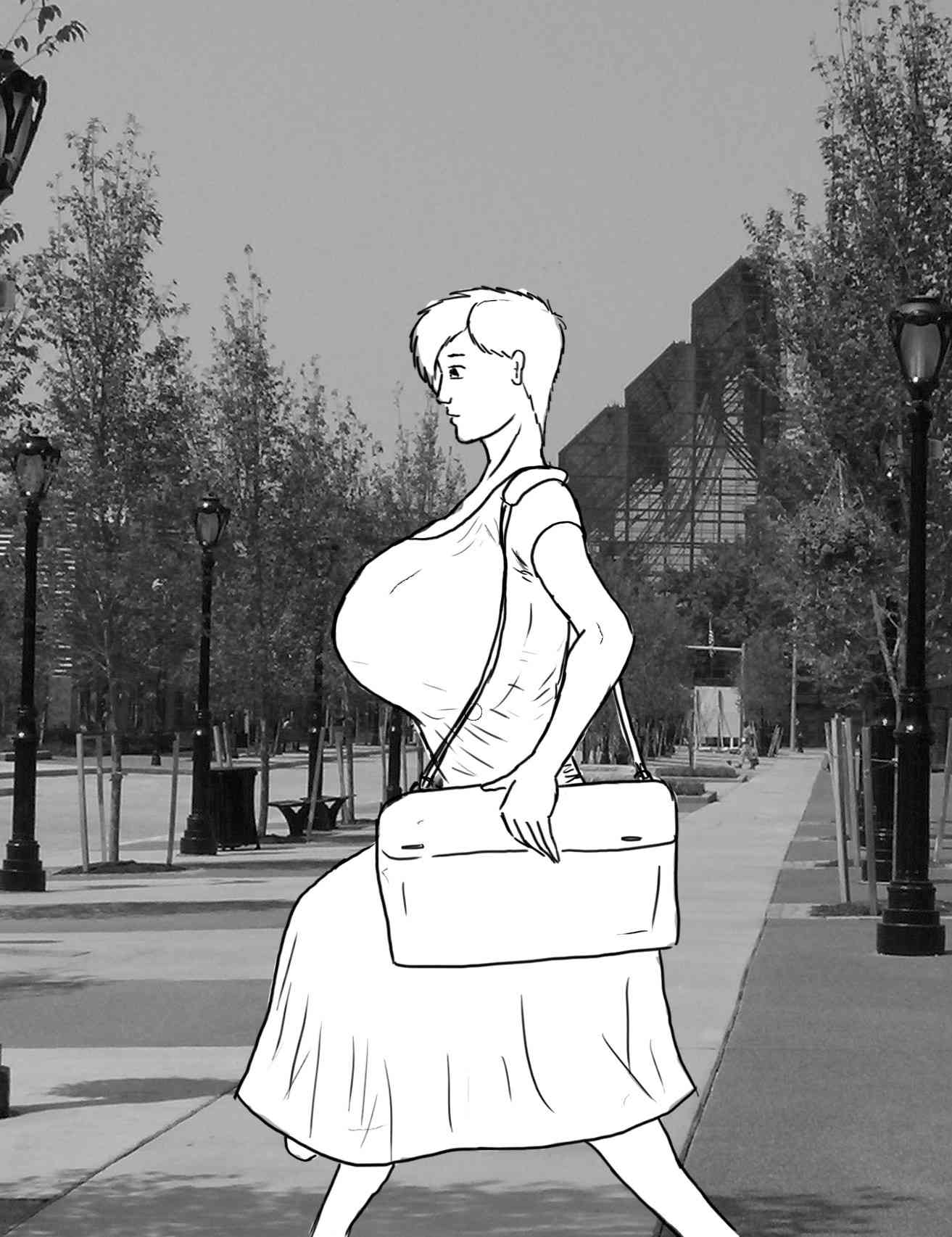 Side view, rushing along the sidewalk with her big flat purse