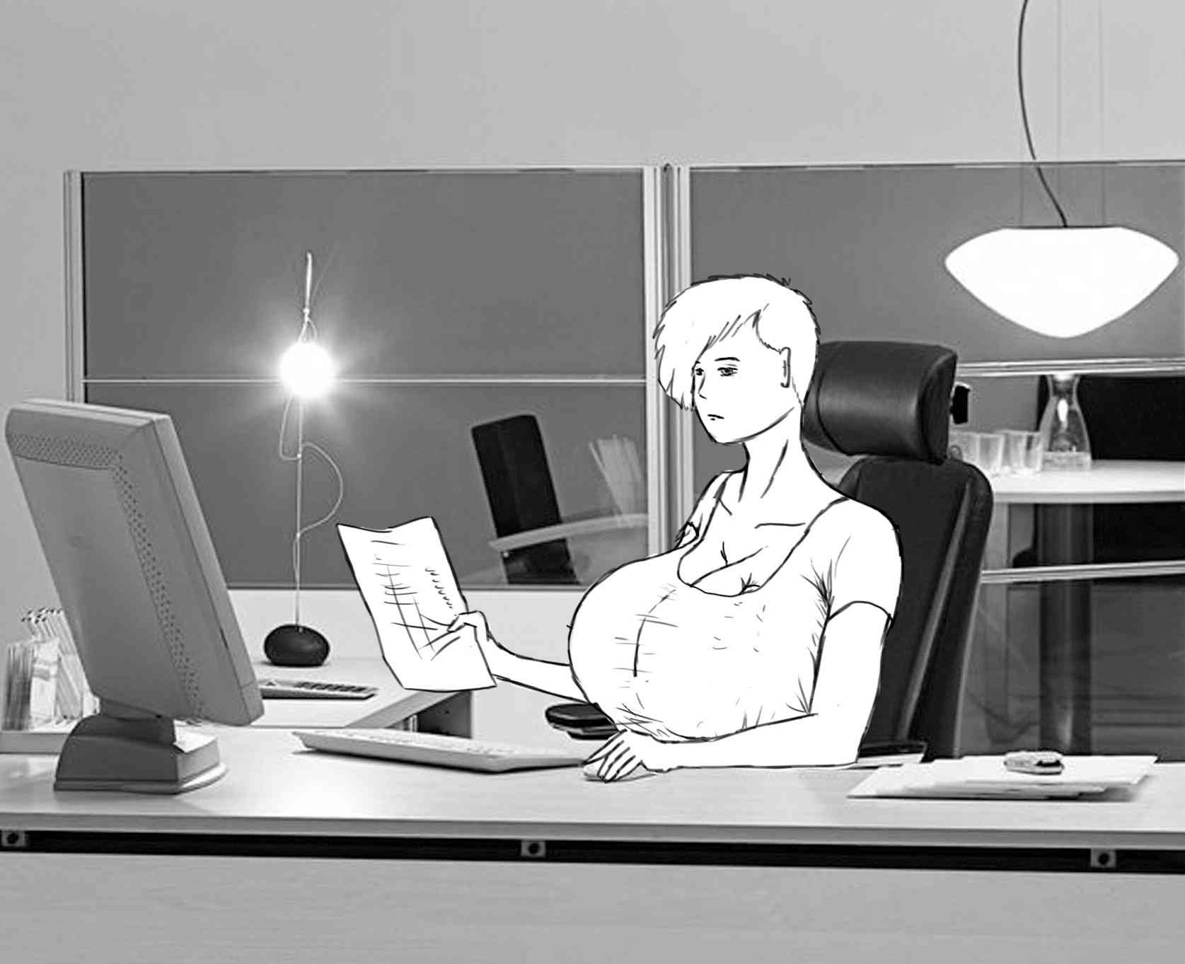 Sitting at her desk, holding paper, looking bored