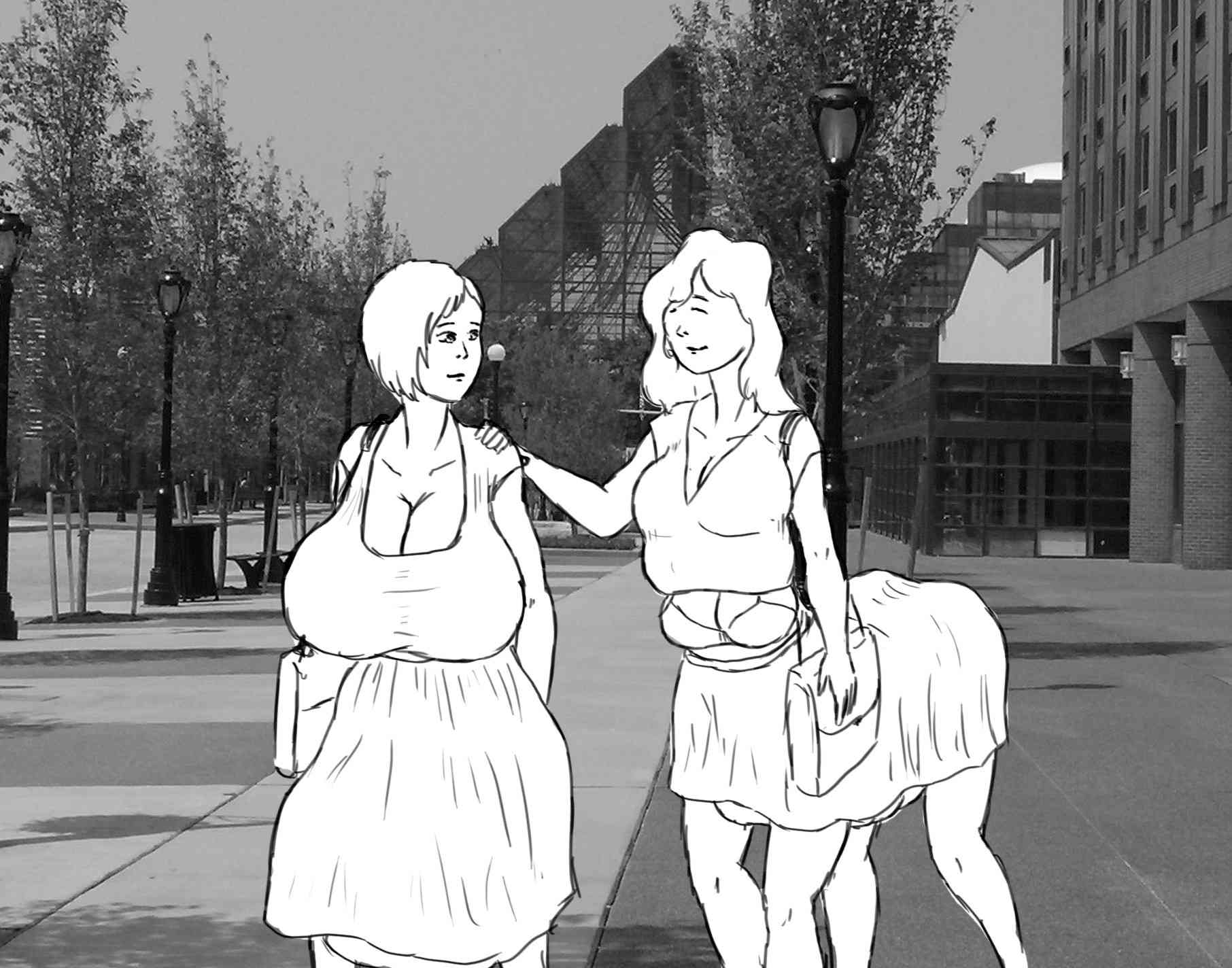 Yasmin has her right hand on Larissa’s left shoulder as they walk along the streets of their town towards the gym