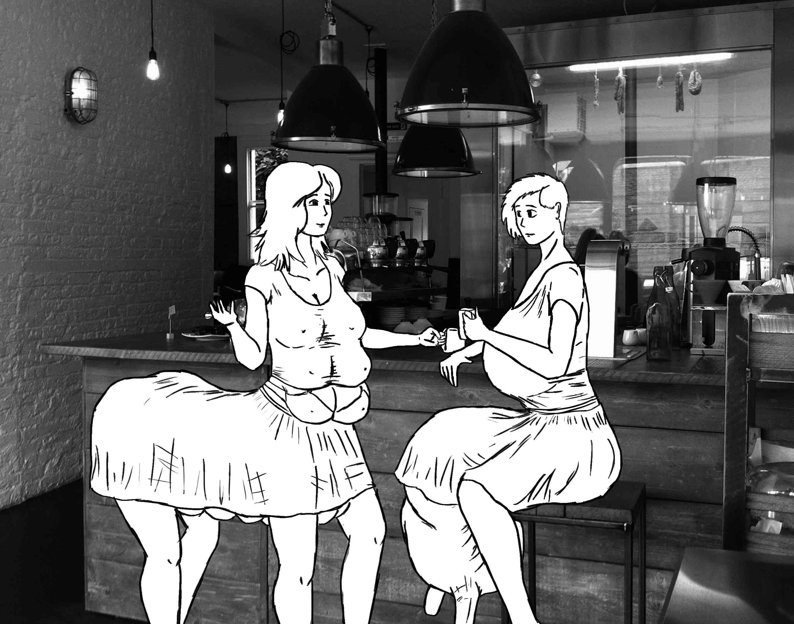 Conversation at the juice bar. Yasmin’s standing; Larissa is seated on a rectangular bar stool